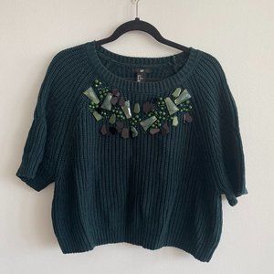 H&M Green Jeweled Short Sleeve Sweater